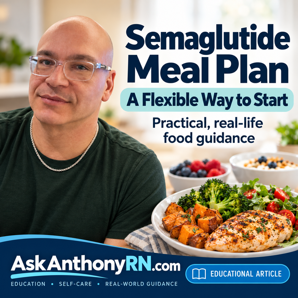 Anthony Colón, RN beside a healthy meal and the title Semaglutide Meal Plan: A Flexible Way to Start