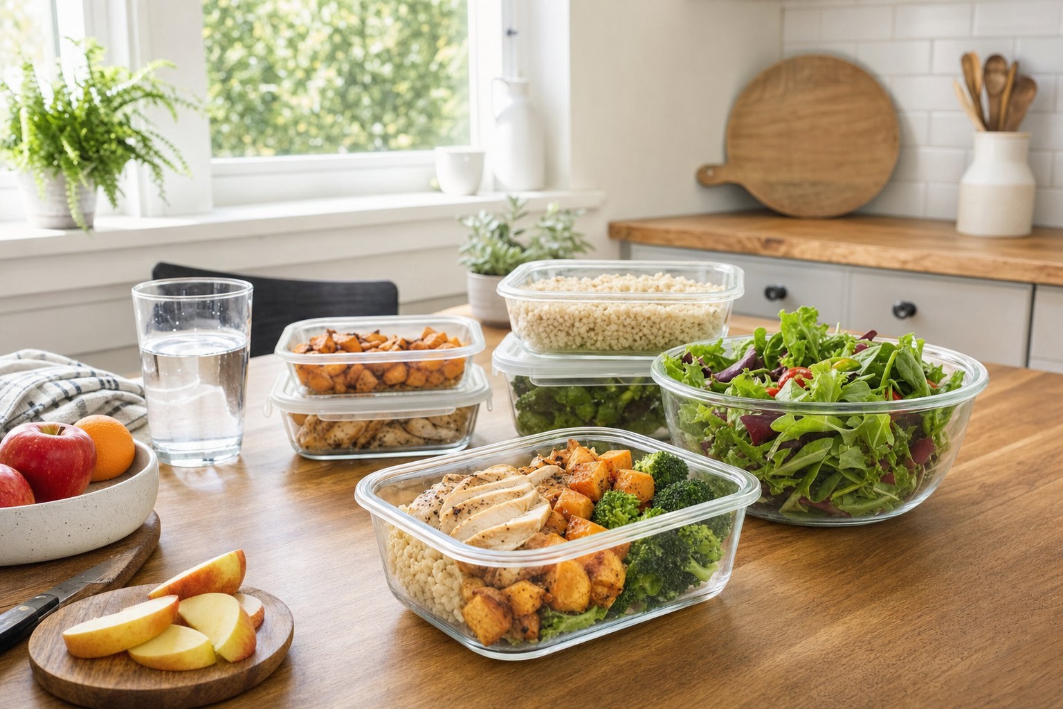 Prepared food, vegetables, fruit, and water on a bright kitchen table