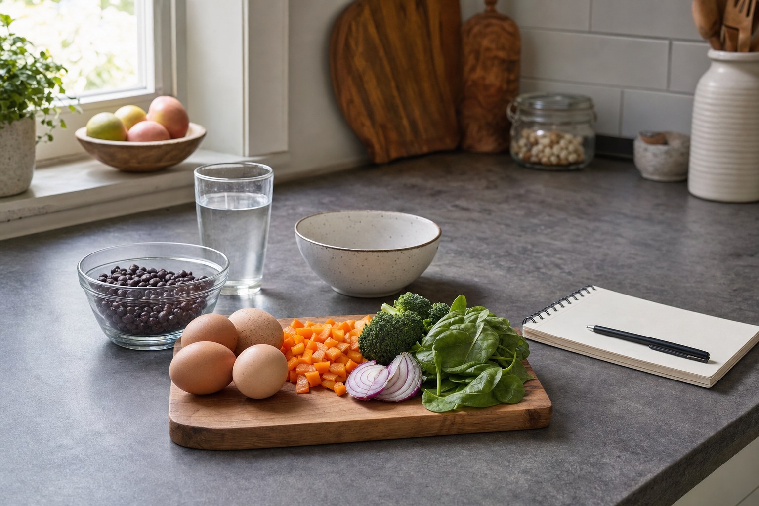 Beans, eggs, vegetables, water, and a notebook arranged on a kitchen counter