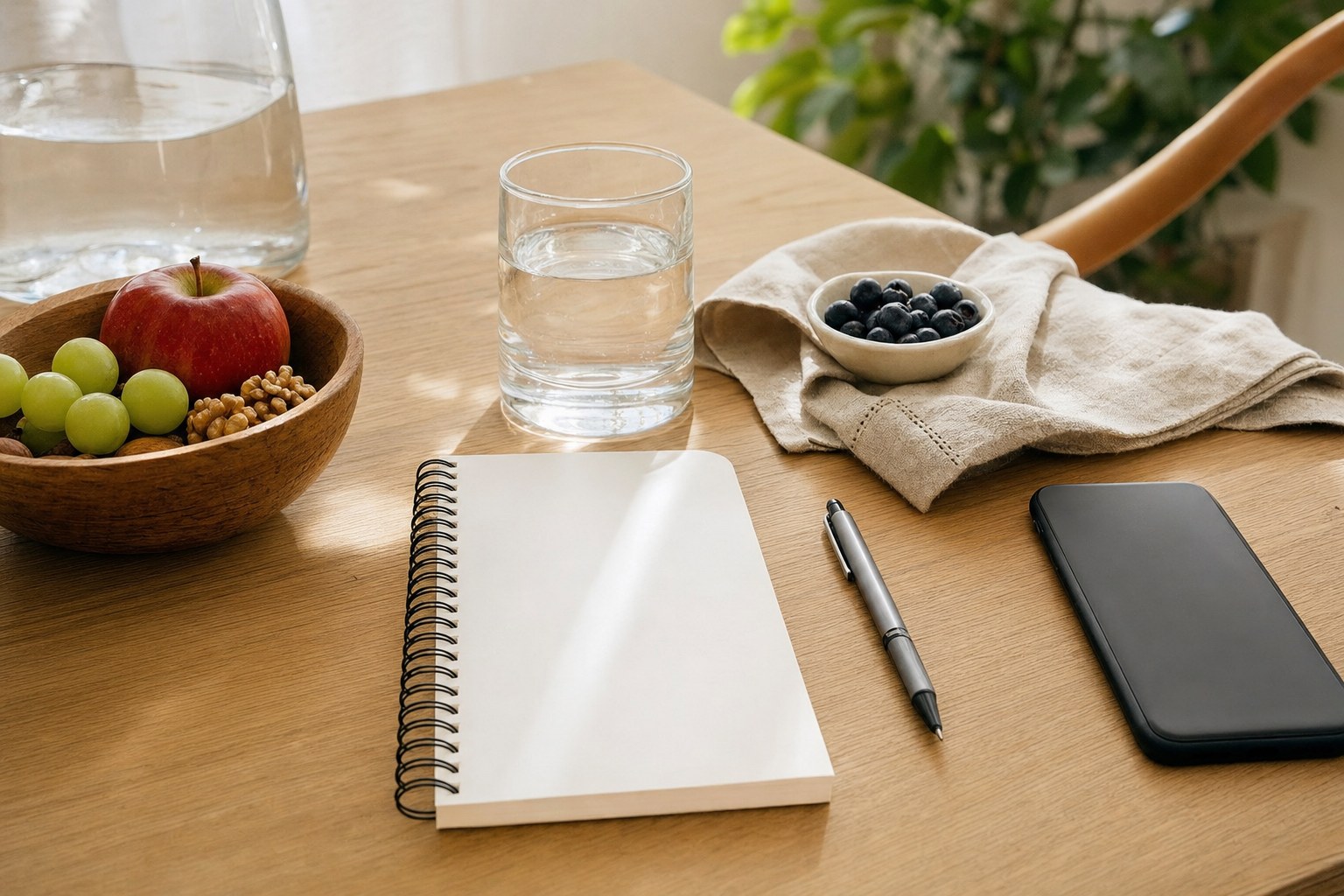 A blank notebook, water, fruit, and phone on a sunny table
