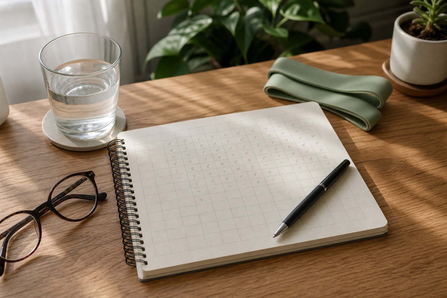 A notebook, pen, water glass, reading glasses, and a resistance band on a wooden desk