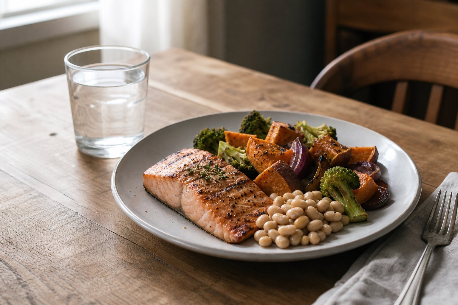 Salmon, beans, roasted vegetables, and water on a home dining table