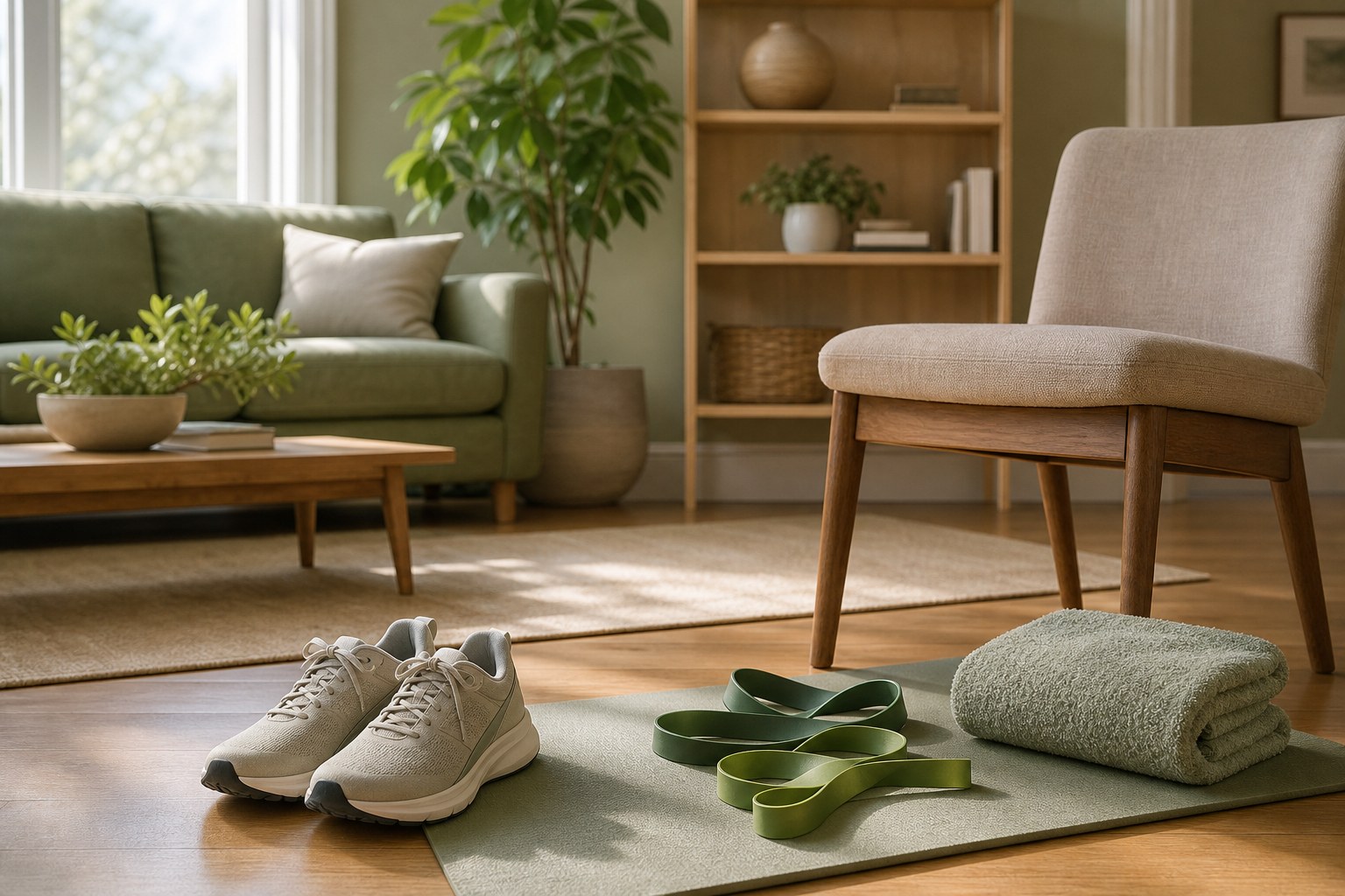 Walking shoes, resistance bands, a chair, and a towel in a bright living room