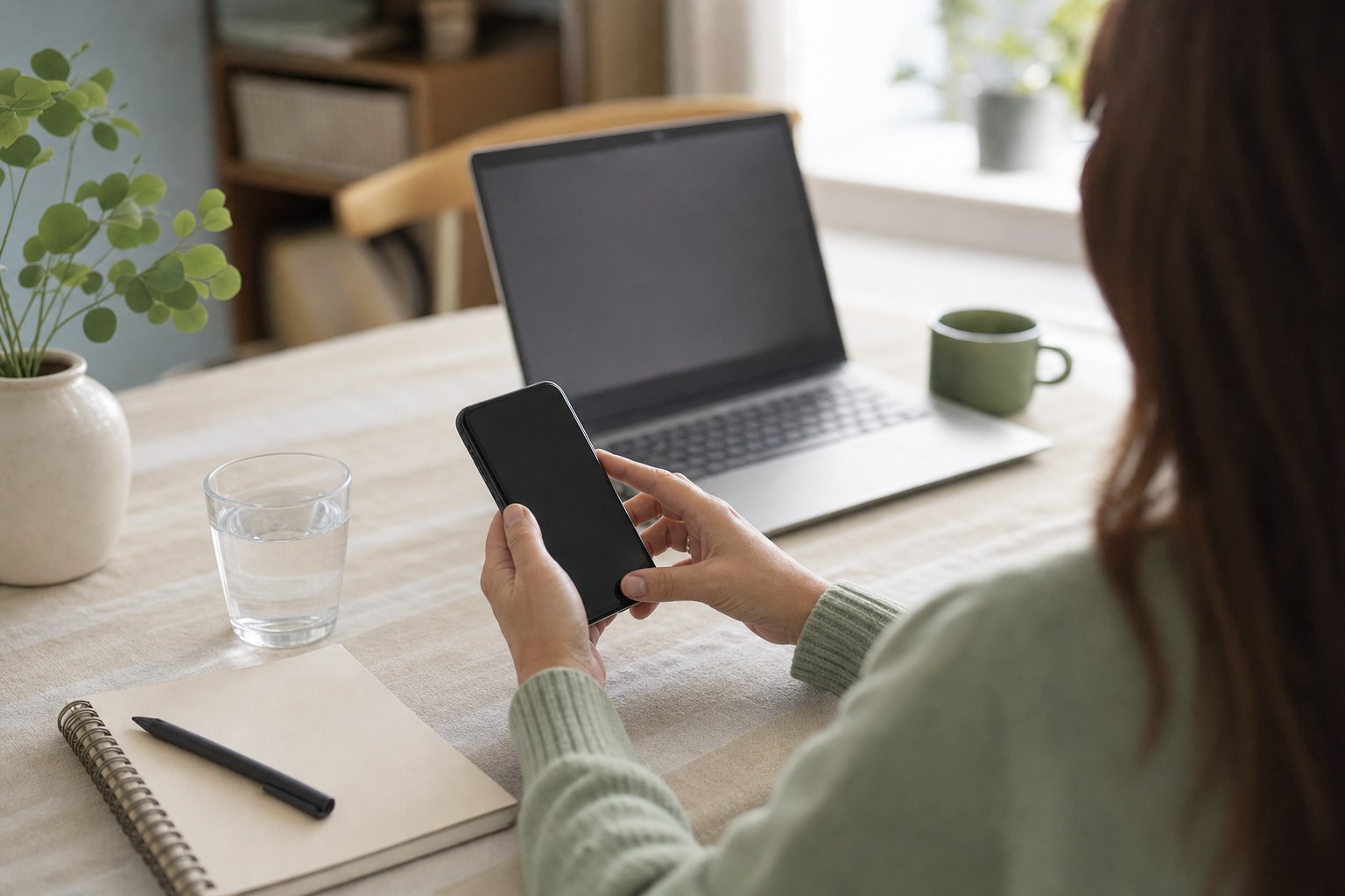 A person preparing for a follow-up call with a phone, notebook, water glass, and laptop