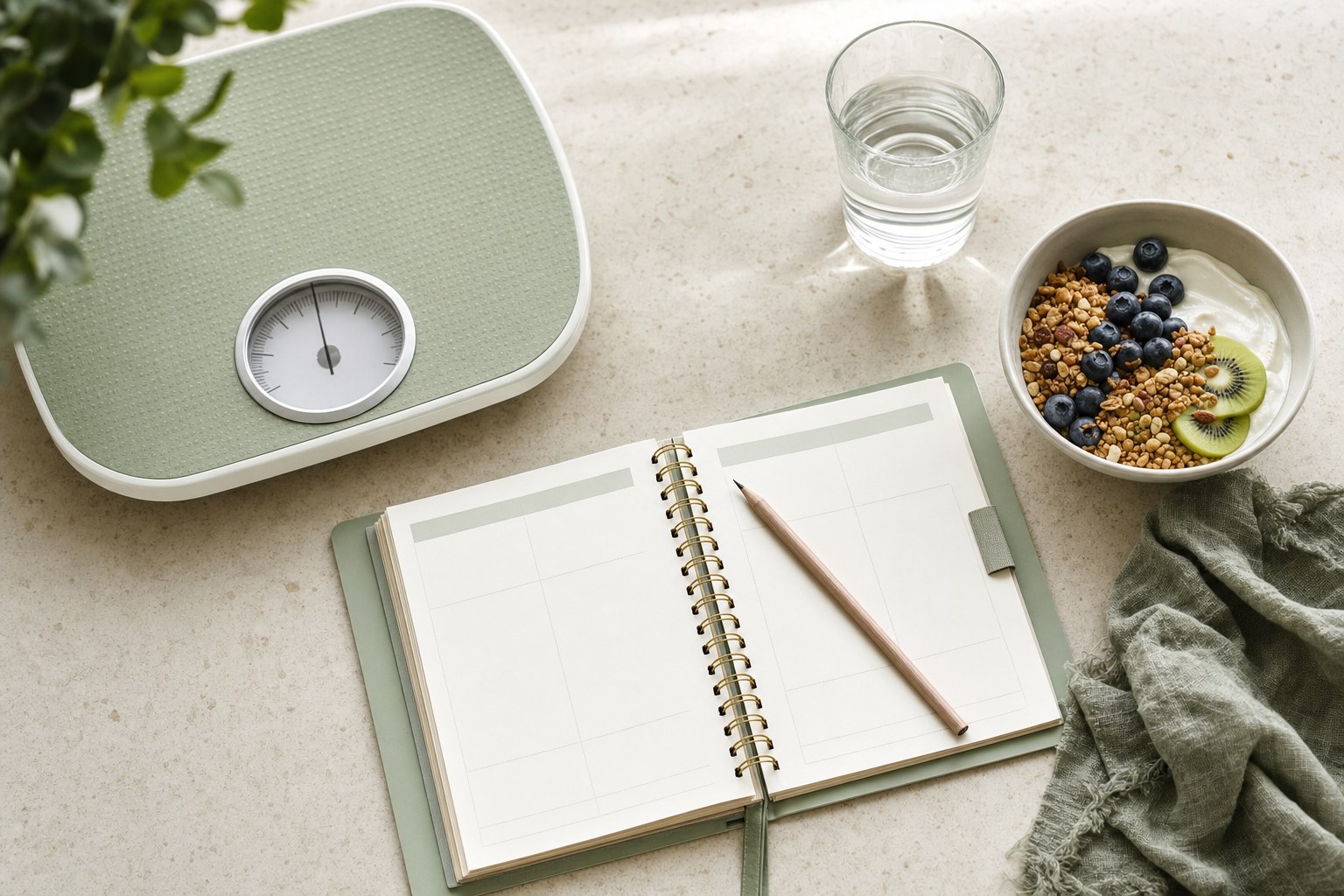 An analog scale, weekly planner, glass of water, and breakfast on a kitchen table