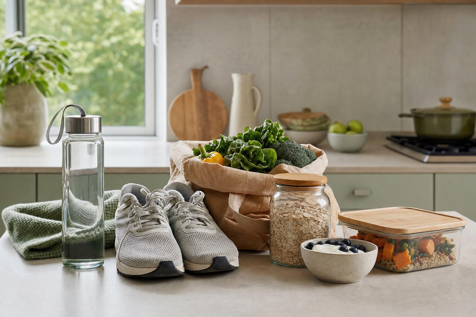 Walking shoes, a water bottle, vegetables, oats, and prepared food in a kitchen