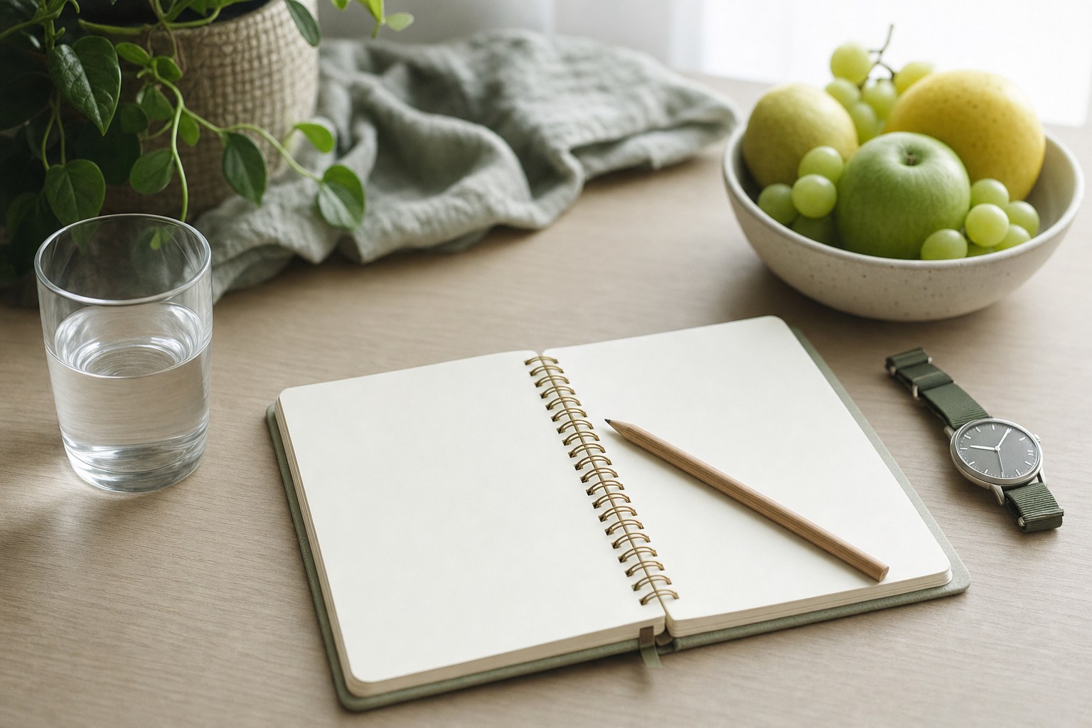A blank journal, water glass, fruit, pencil, and watch on a home table