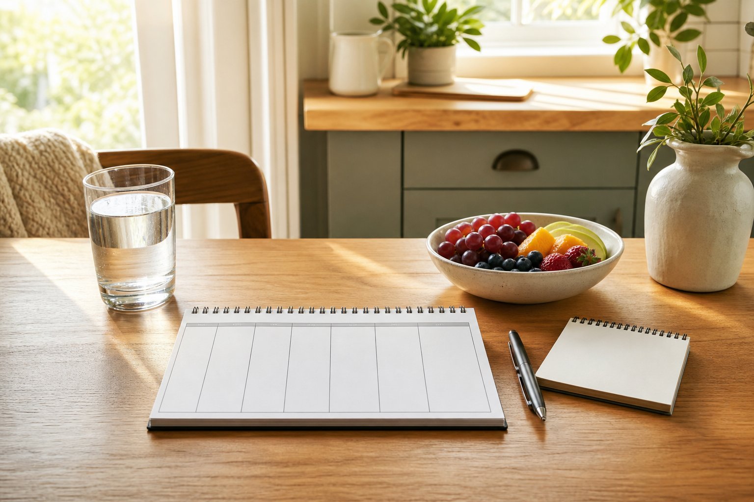 A weekly planner, glass of water, fruit, and blank notebook on a kitchen table
