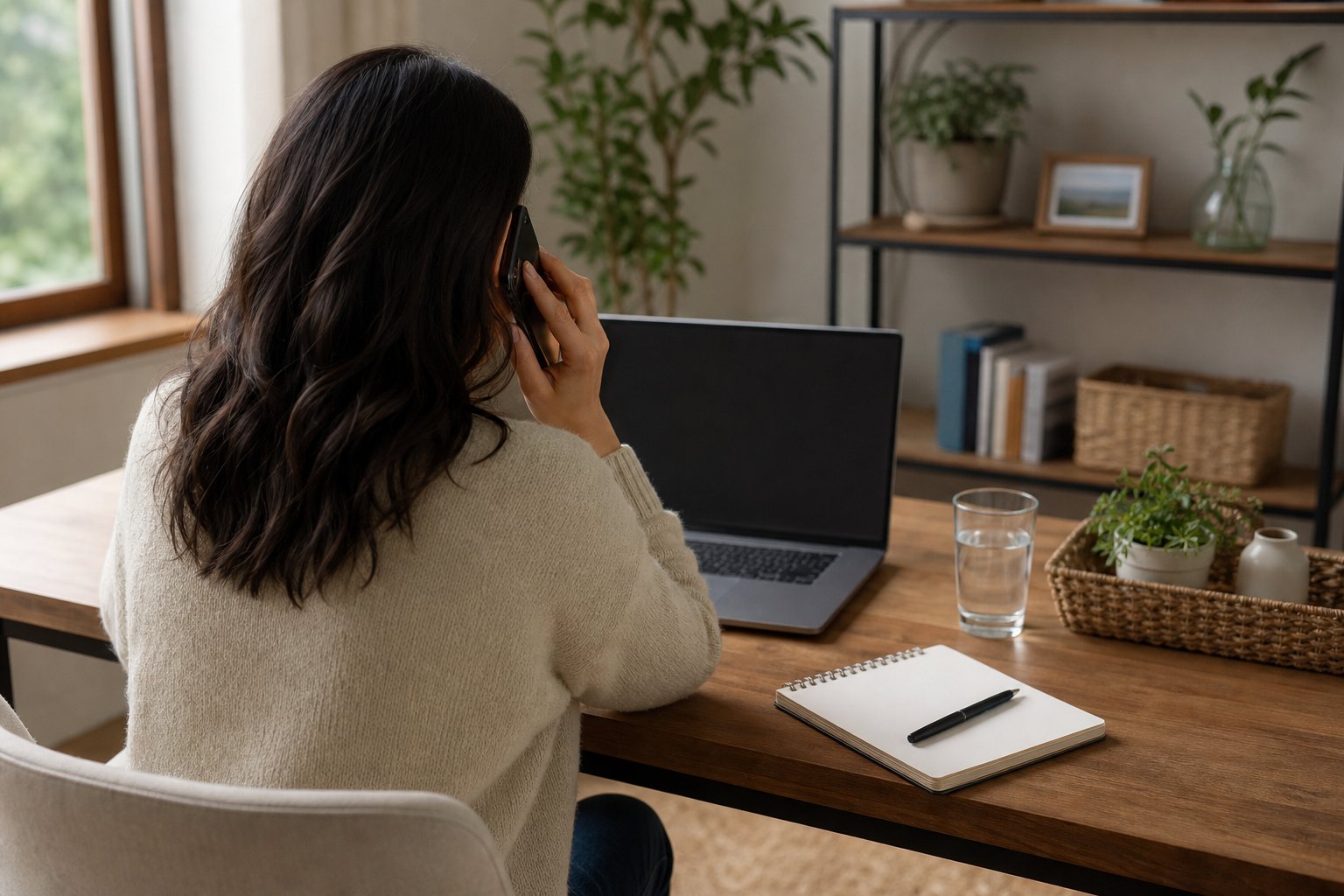 A person making a phone call at a home desk beside a notebook and glass of water