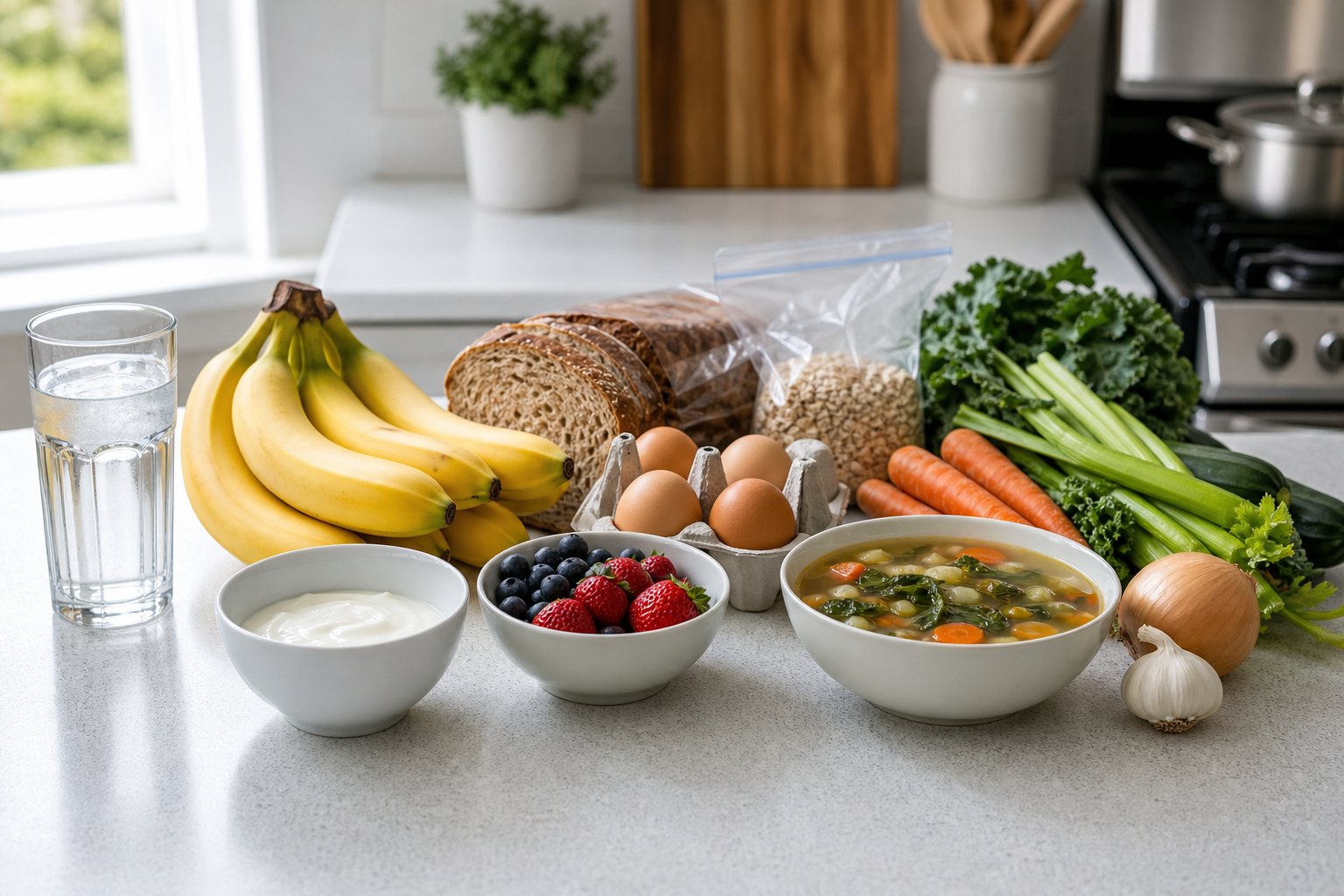 Familiar groceries and simple foods arranged on a kitchen counter