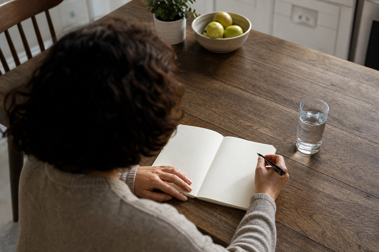 A person writing questions in a notebook at a kitchen table beside a glass of water