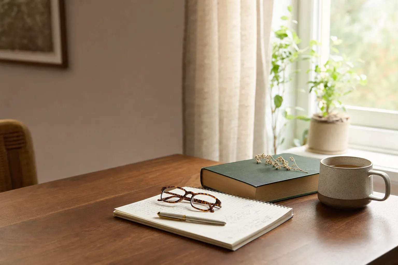 Reading glasses and a notebook on a sunlit desk