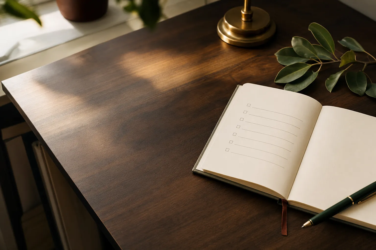Notebook and reading glasses on a warm wood desk