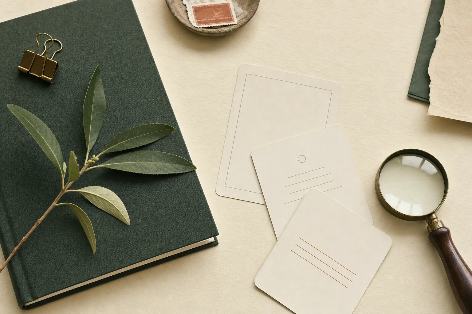 Question cards, a magnifying glass, and a green notebook
