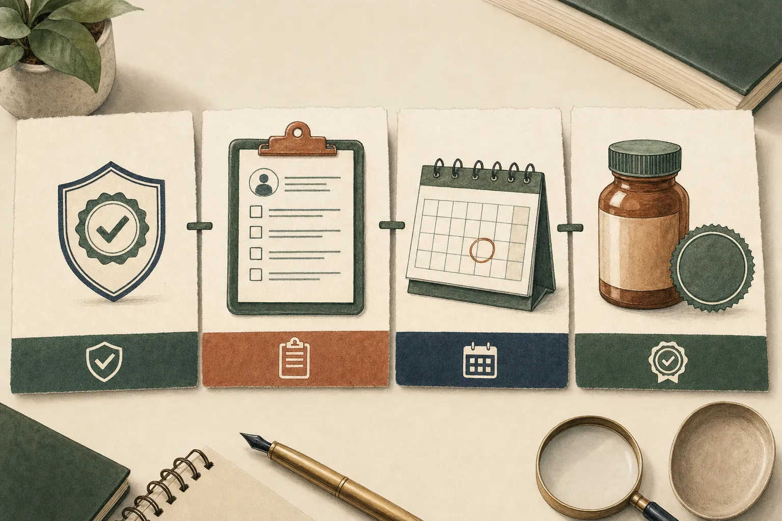 An editorial illustration of clinician credentials, health screening, follow-up planning, and pharmacy transparency