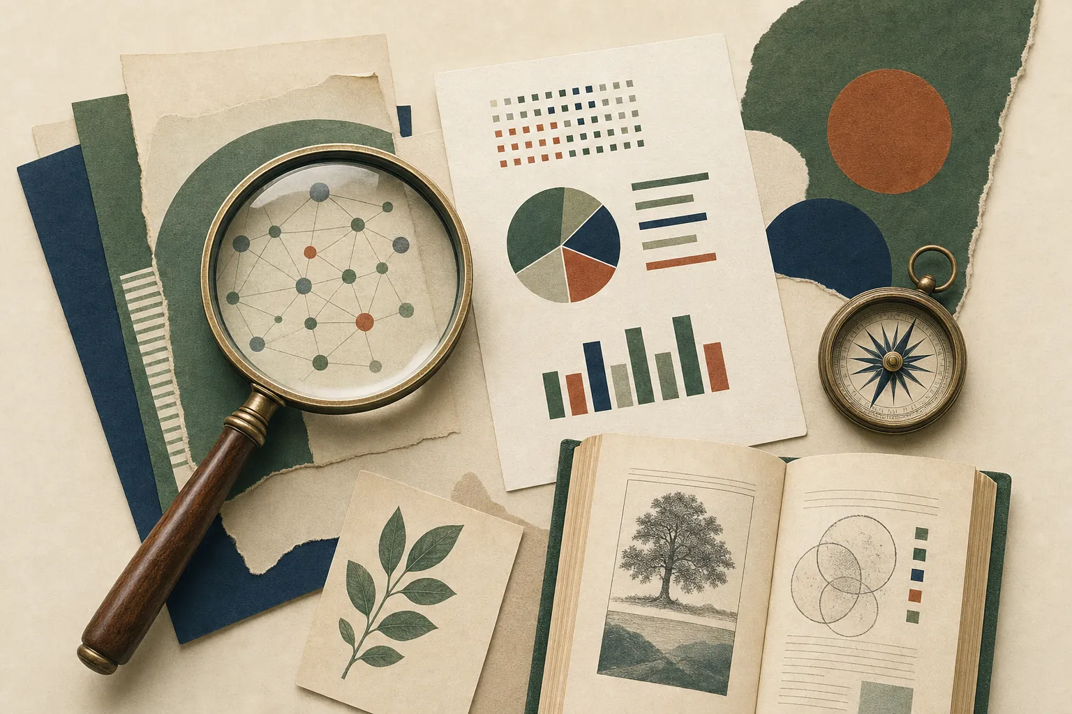 An editorial illustration of health sources, a magnifying glass, and a compass