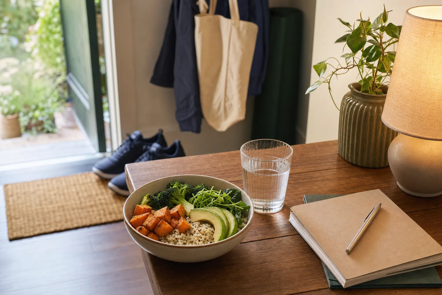 A balanced meal, walking shoes, water, and a planner in a calm home setting