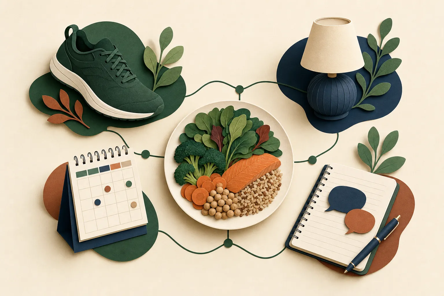 An editorial illustration connecting meals, movement, rest, planning, and reflection