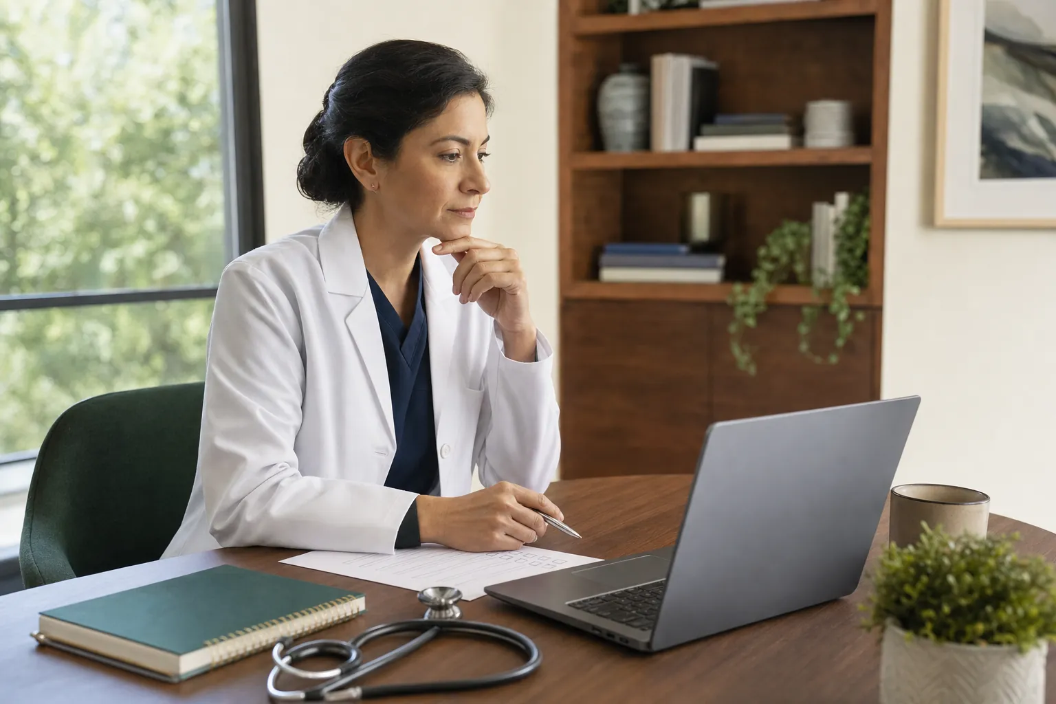 A clinician reviewing a telehealth consultation at a desk