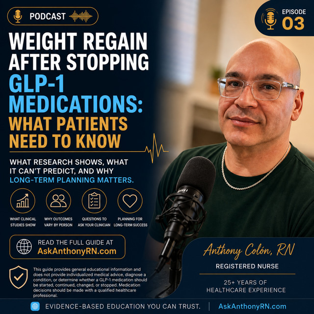 Podcast artwork for Stopping GLP-1 Meds: Will You Regain the Weight? What Science Says, featuring Anthony Colón, RN at a microphone.