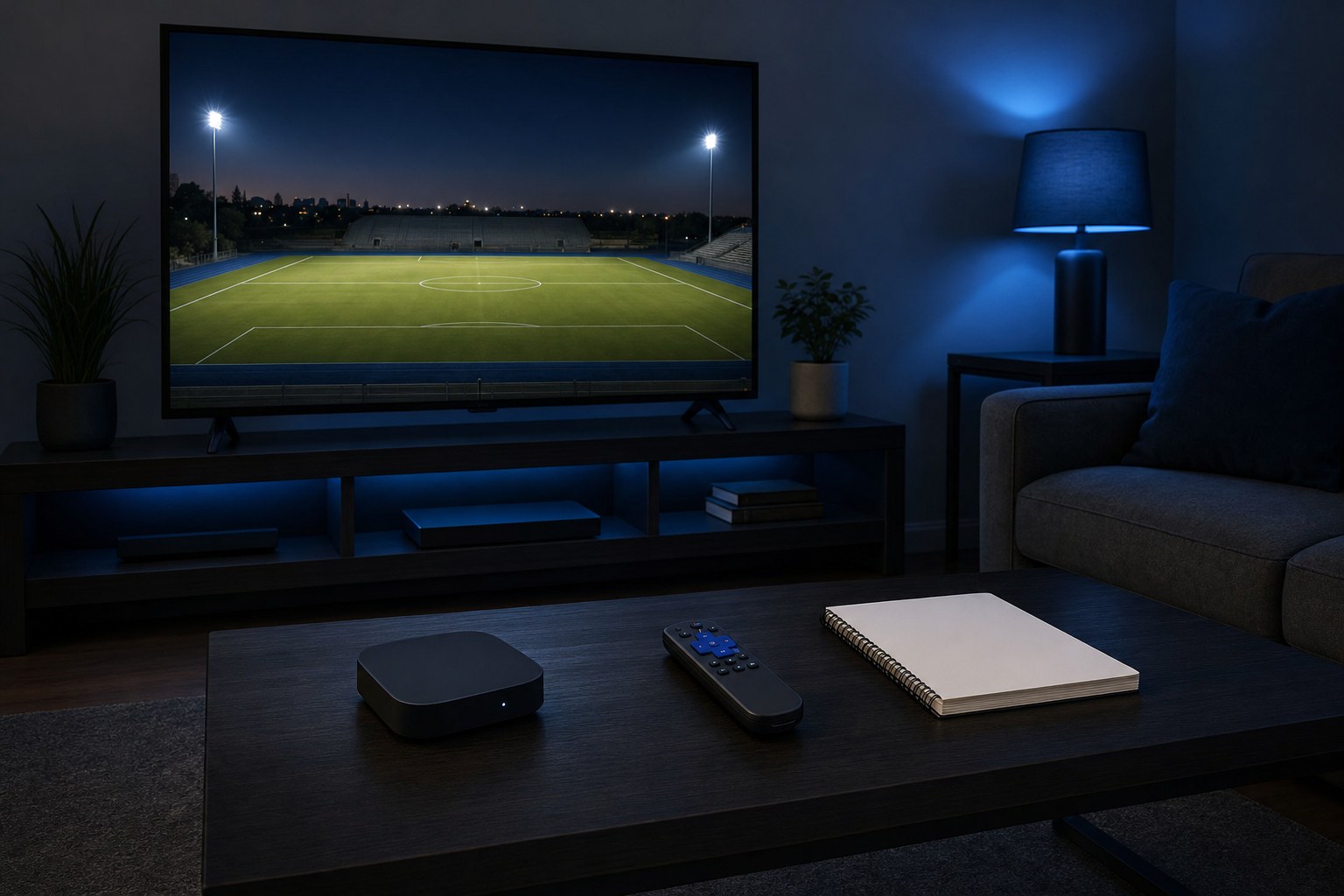 Home television prepared for a local soccer broadcast with a streaming device and blank notebook