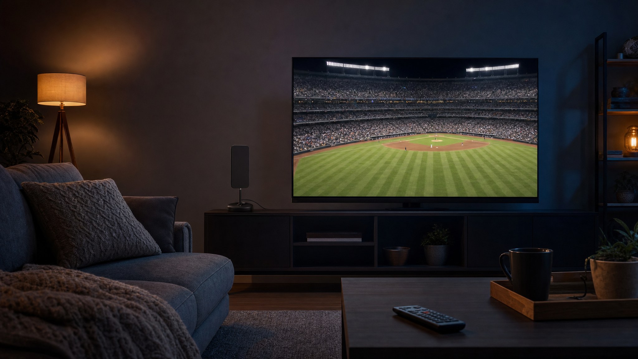 Home television showing an unbranded baseball broadcast