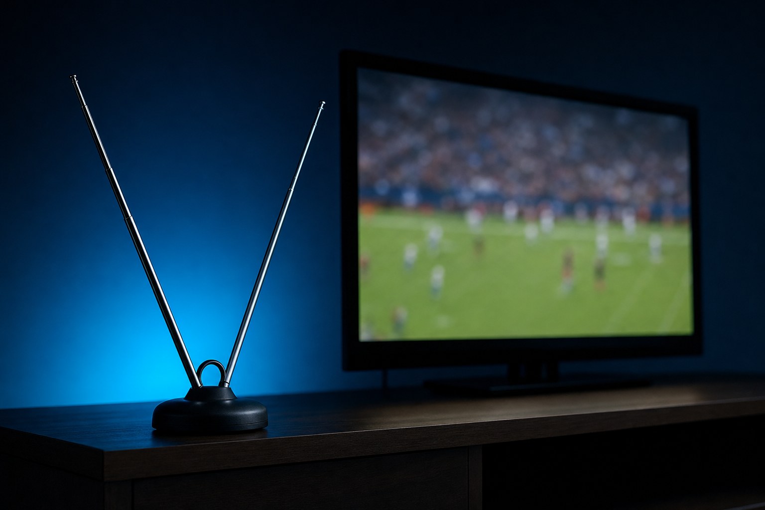Indoor television antenna beside a screen prepared for sports viewing