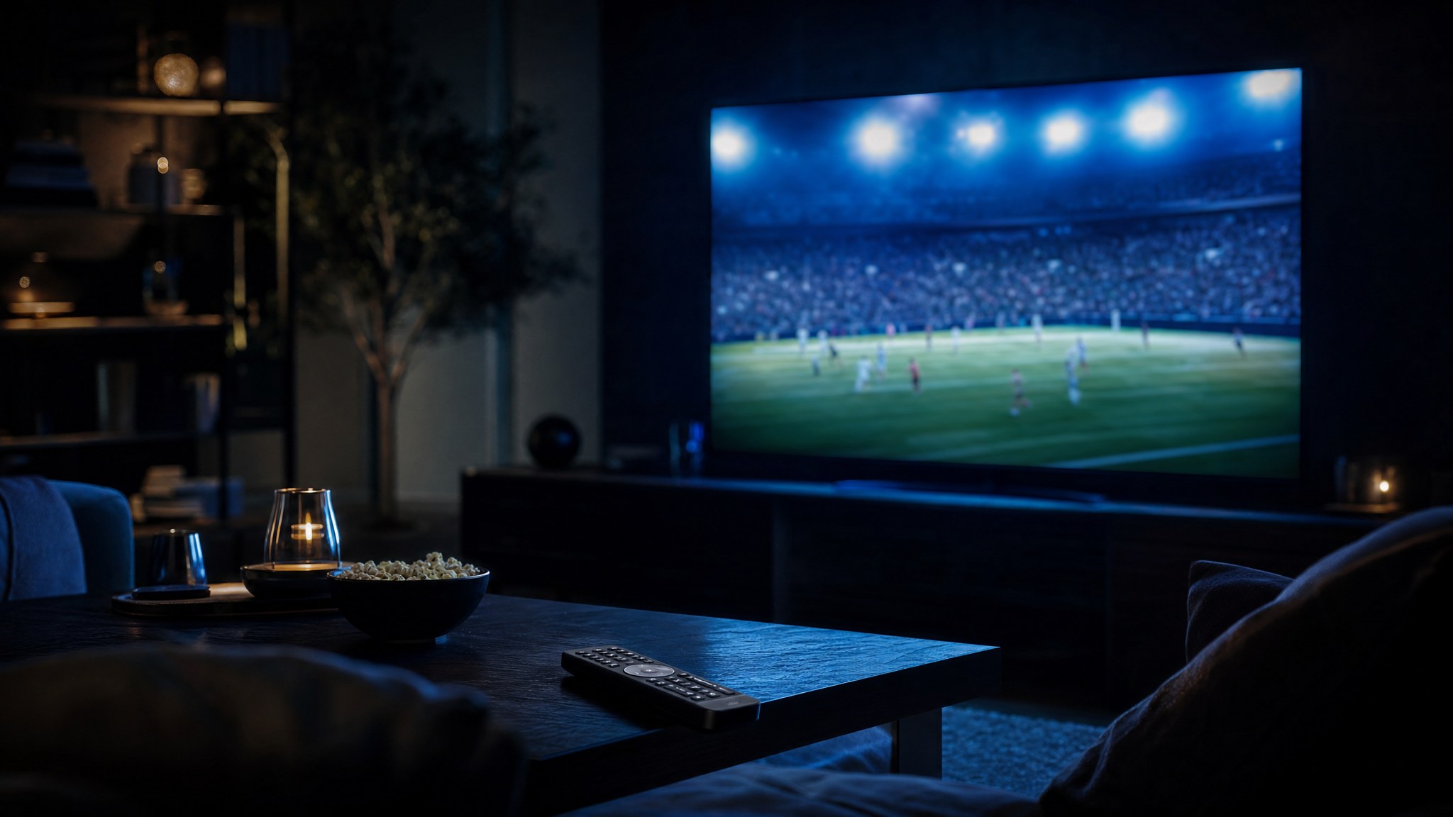 A living room television set up for a sports stream