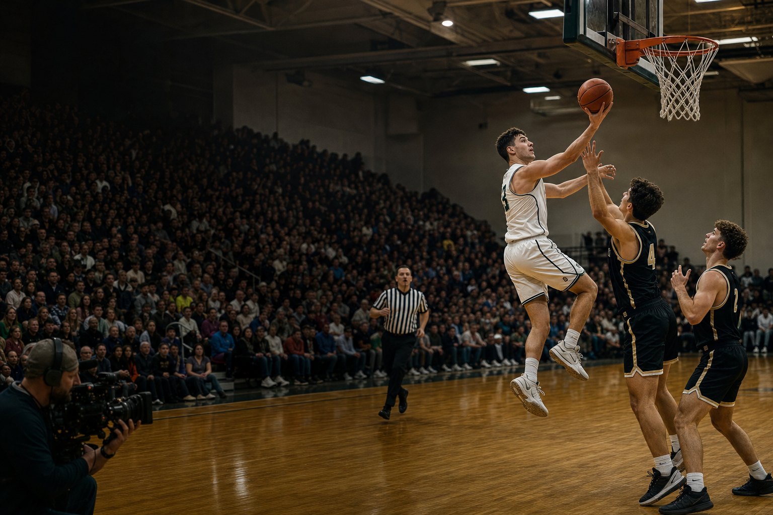 Illustrative basketball broadcast in a packed gym