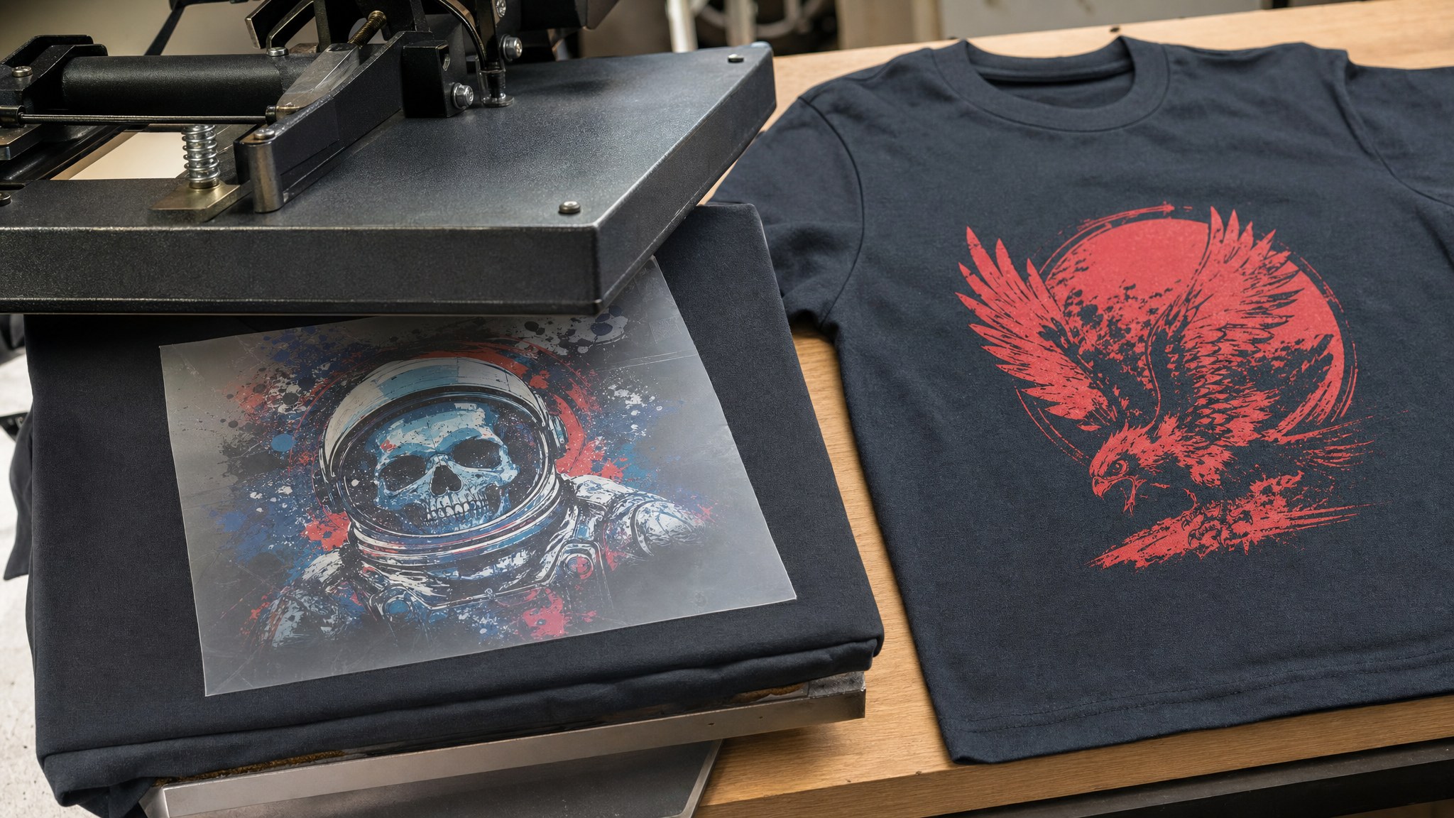 DTF transfer beside a screen printed shirt on a print shop worktable