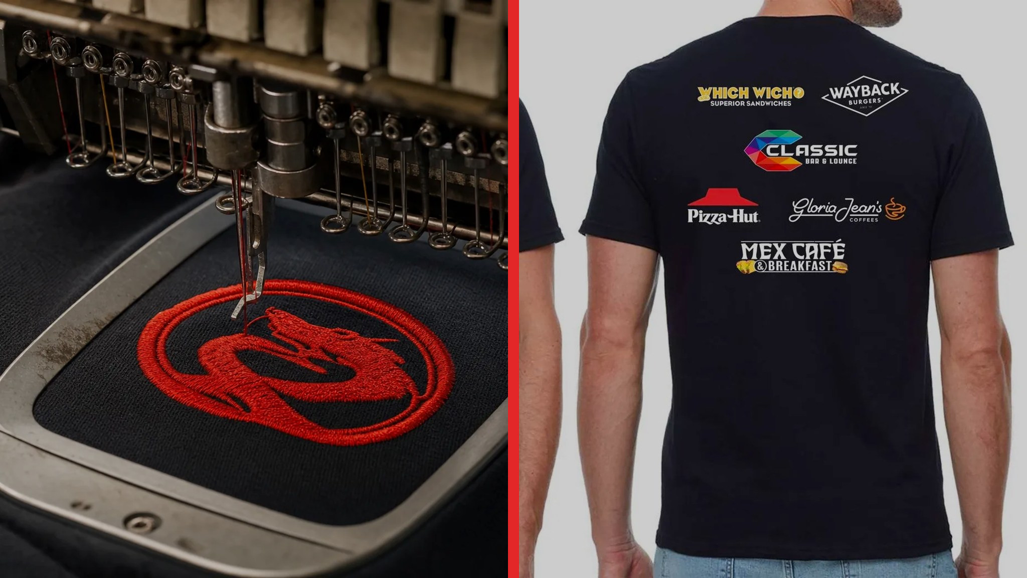 Embroidery machine beside a printed custom shirt, showing two different apparel decoration finishes