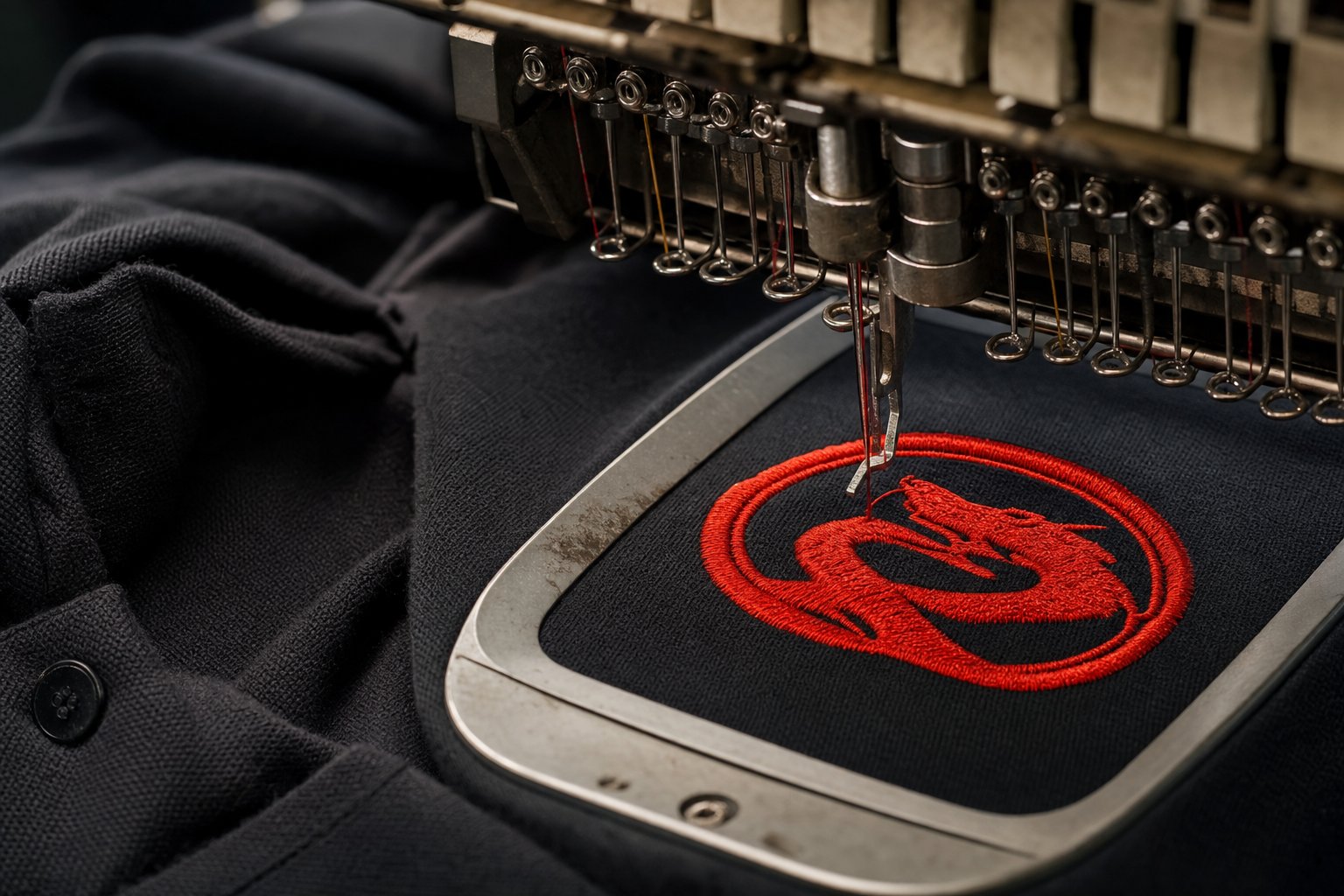 Red thread embroidery in progress
