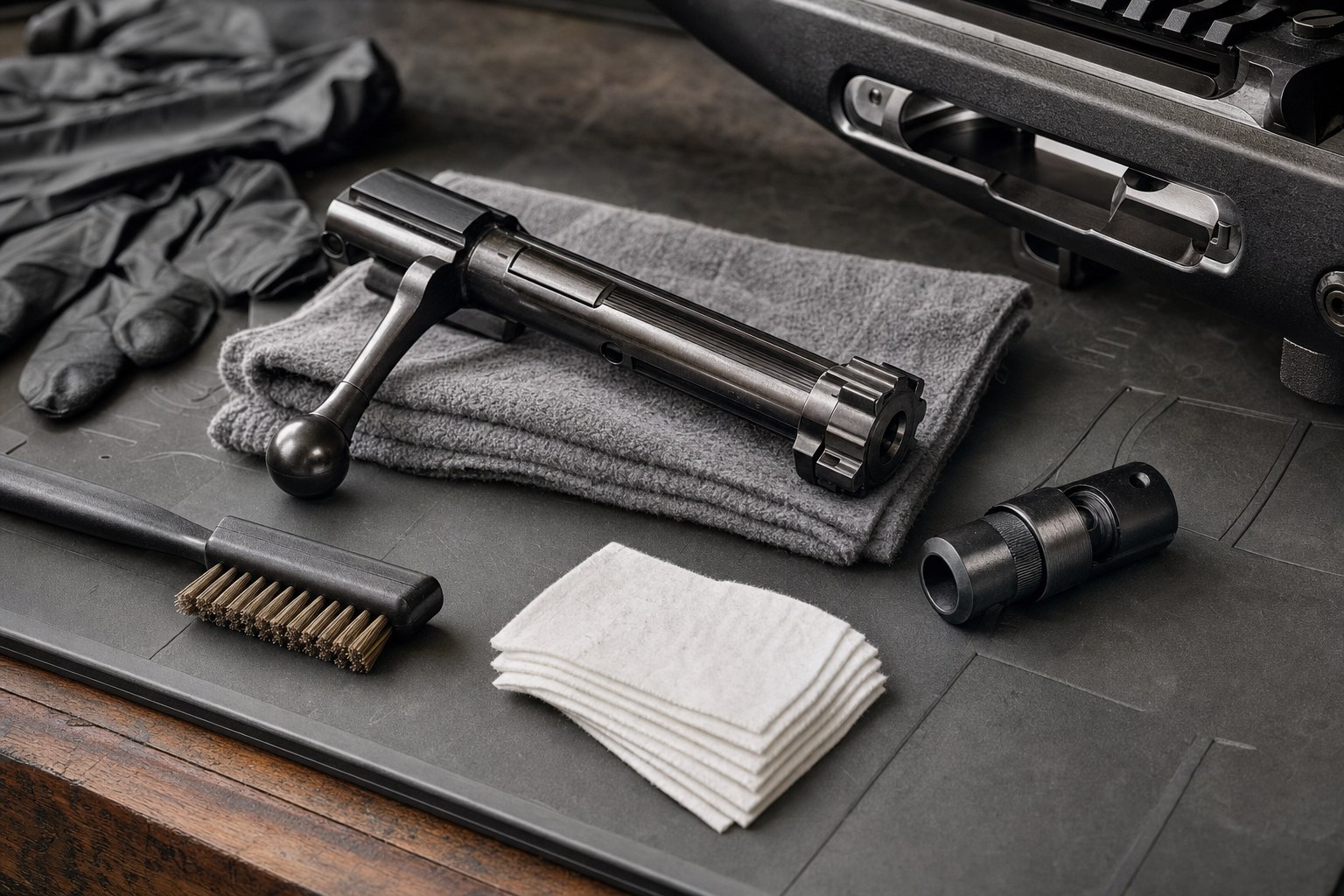 Clean firearm maintenance parts, patches and a lint-free cloth on a bench mat