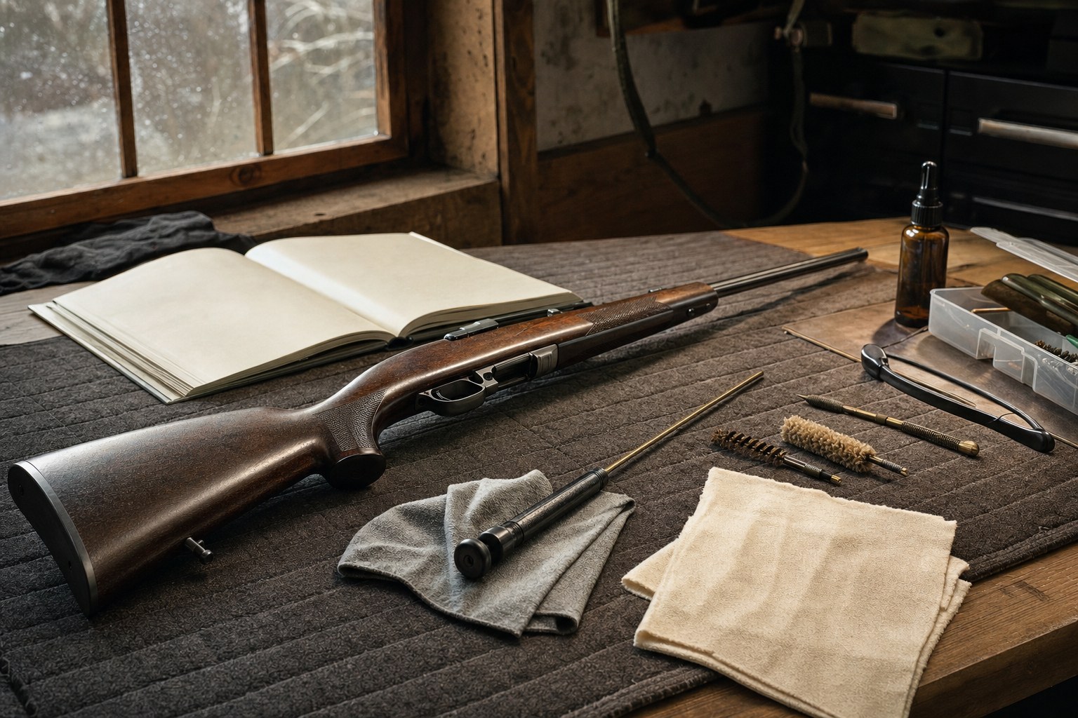 Unloaded long gun and clean maintenance supplies on an organized workbench