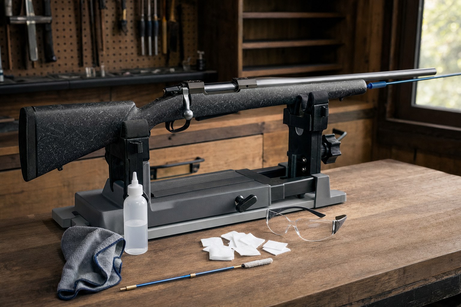 Unloaded rifle and careful cleaning tools arranged on a workbench