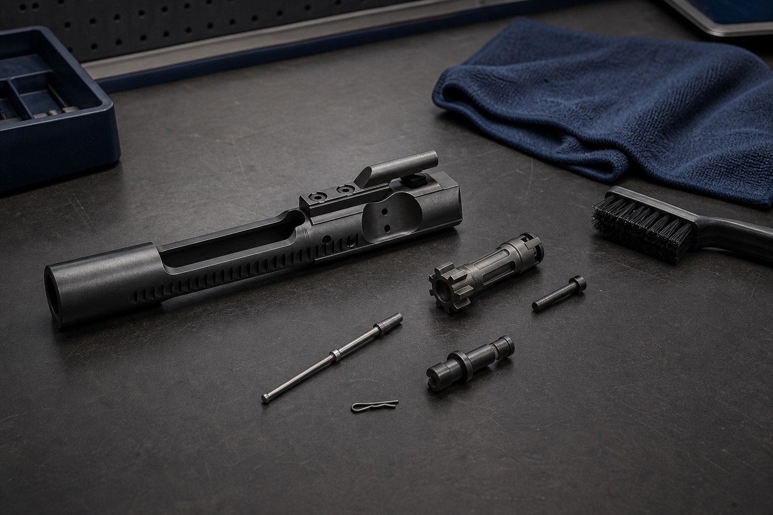 AR-pattern bolt carrier group components arranged on a gunsmithing bench