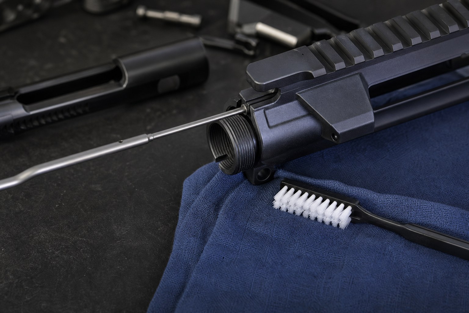 AR-pattern upper receiver and gas tube on a clean gunsmithing bench
