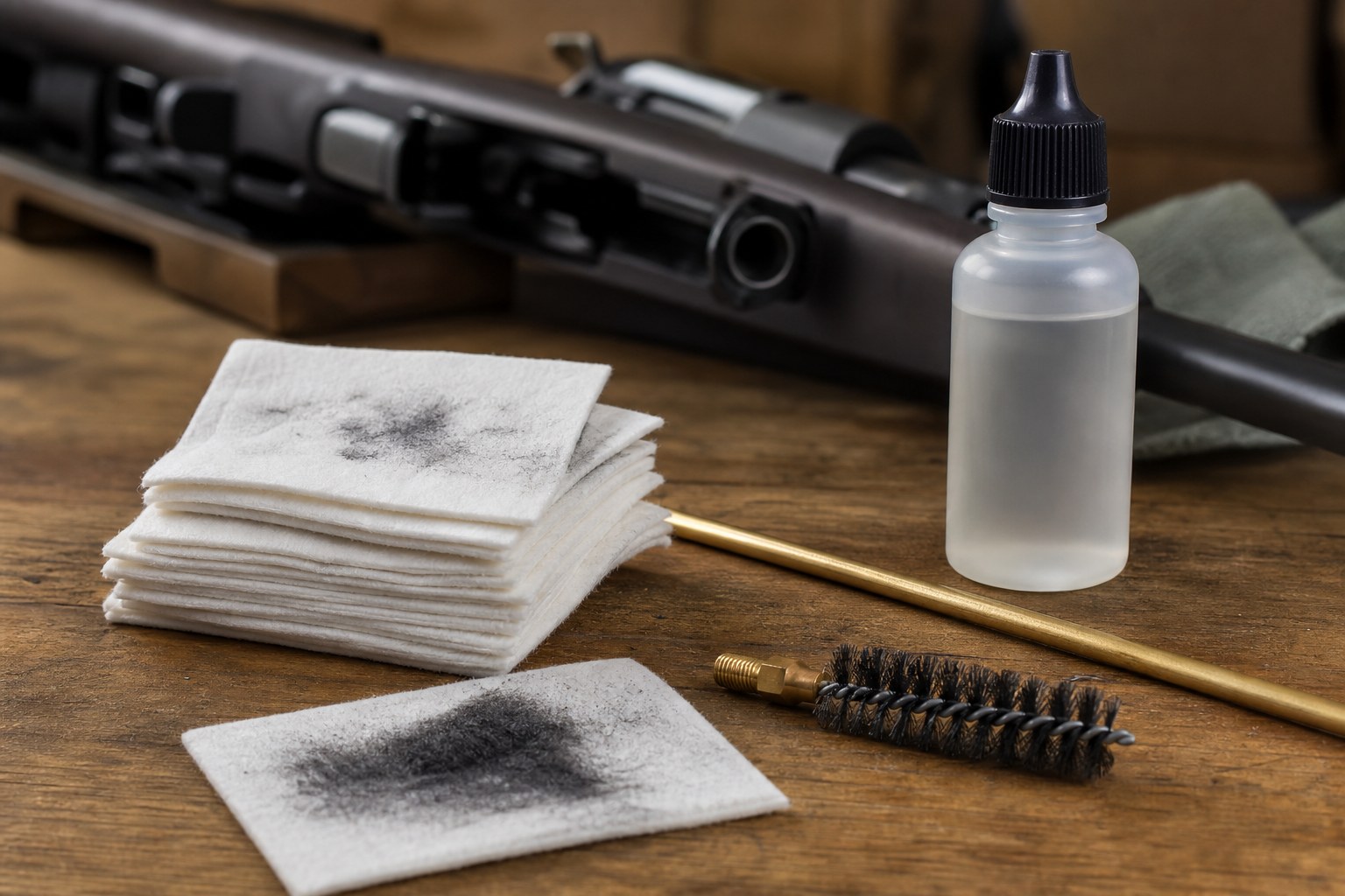 Cleaning patches and a bore brush showing routine carbon residue
