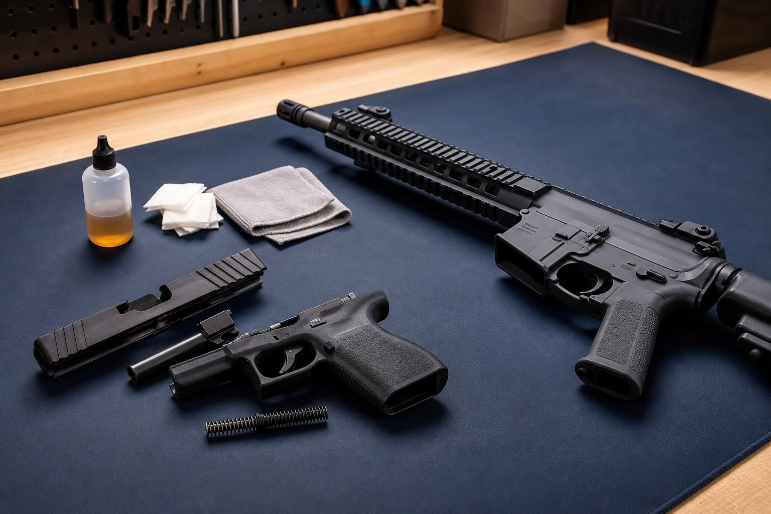Unloaded pistol and rifle arranged on a clean firearm-maintenance bench