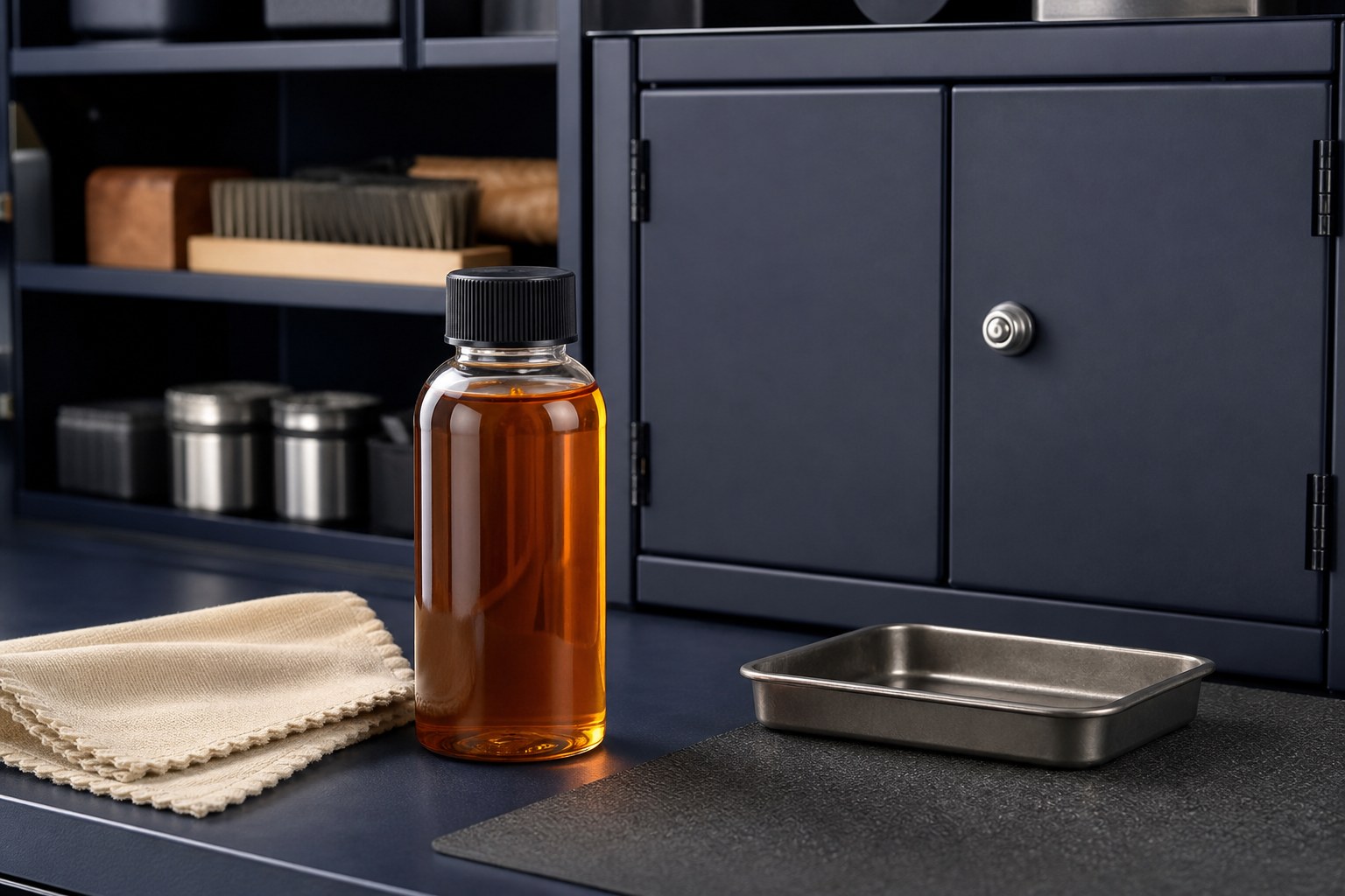 Unbranded firearm-care bottle stored on a tidy workshop bench