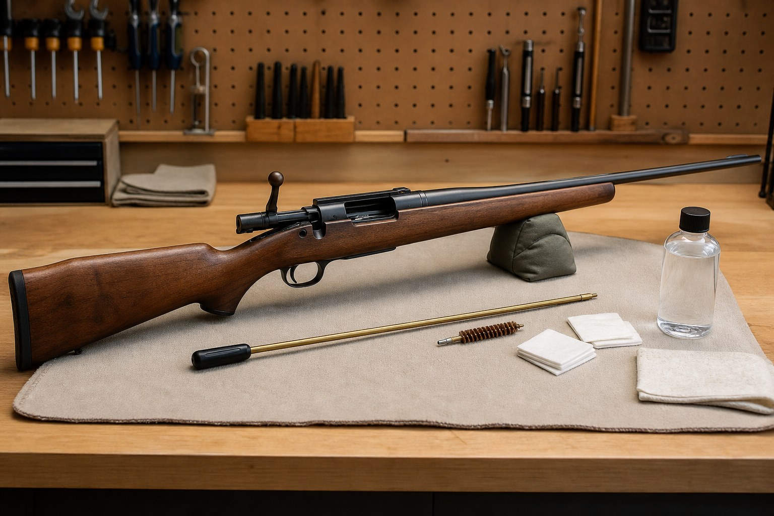 Unloaded rifle and bore-cleaning tools arranged on a workbench