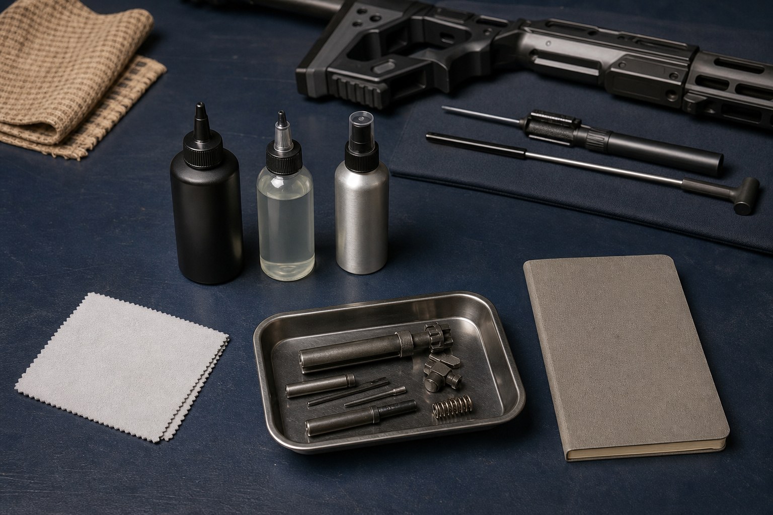 Unbranded firearm-care bottles and cleaning tools arranged for comparison
