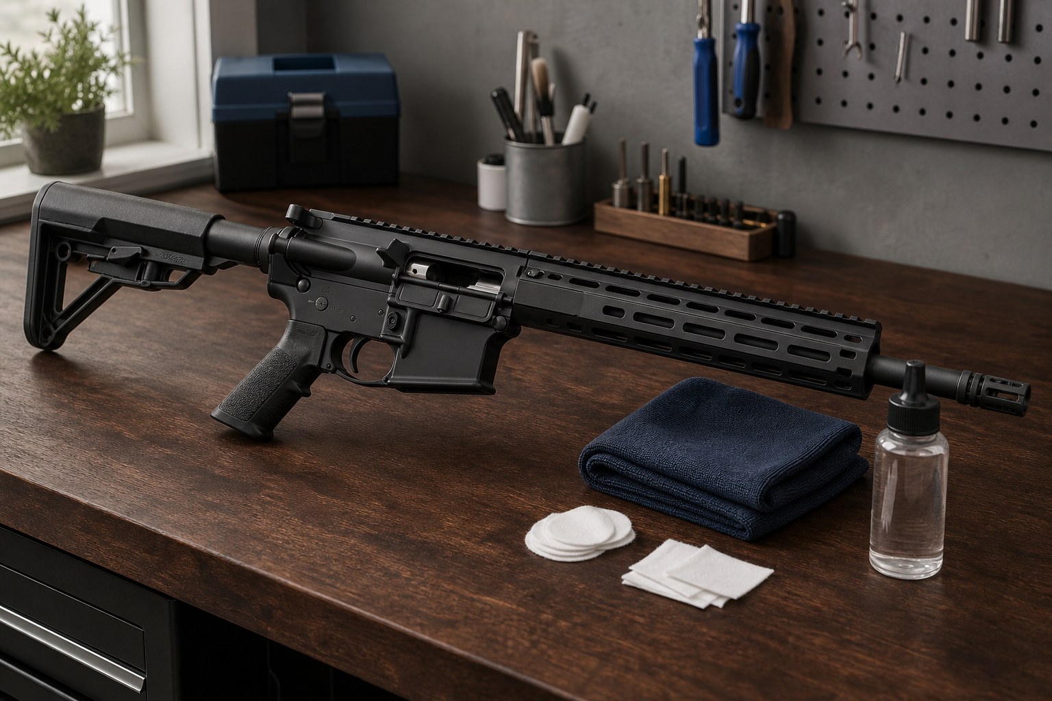 Unloaded rifle on a workbench with a cloth, patches and cleaning bottle