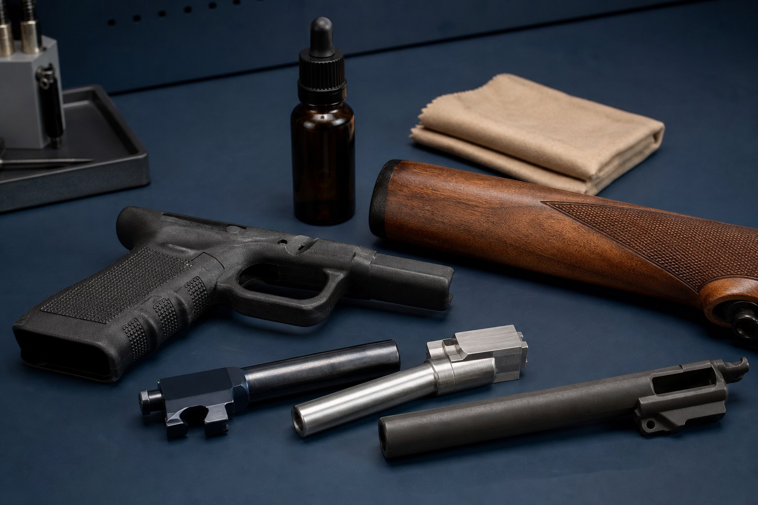 Polymer, wood, coated and metal firearm components arranged on a workbench