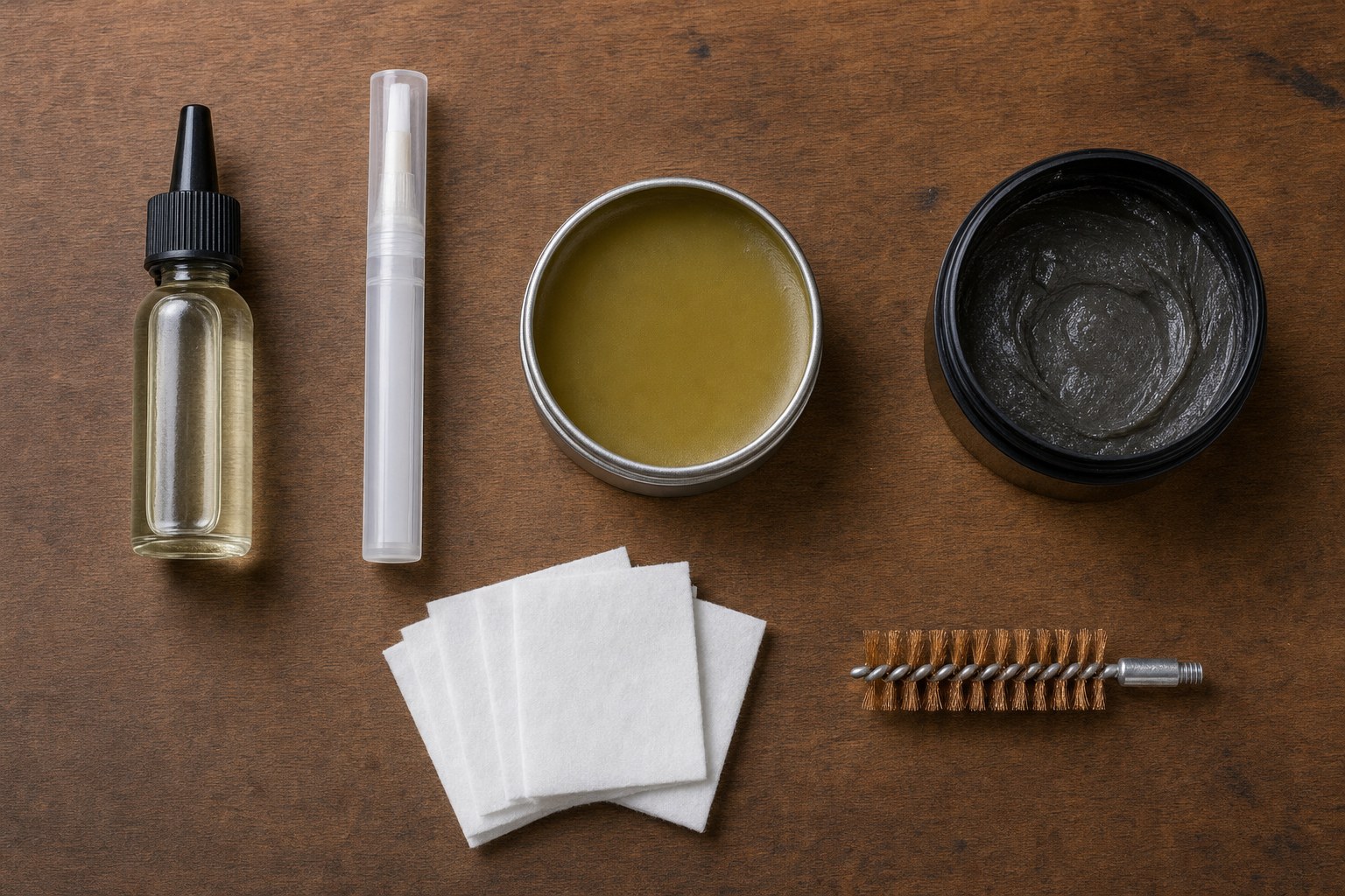 Firearm-care containers, cleaning patches and a bore brush on a workbench