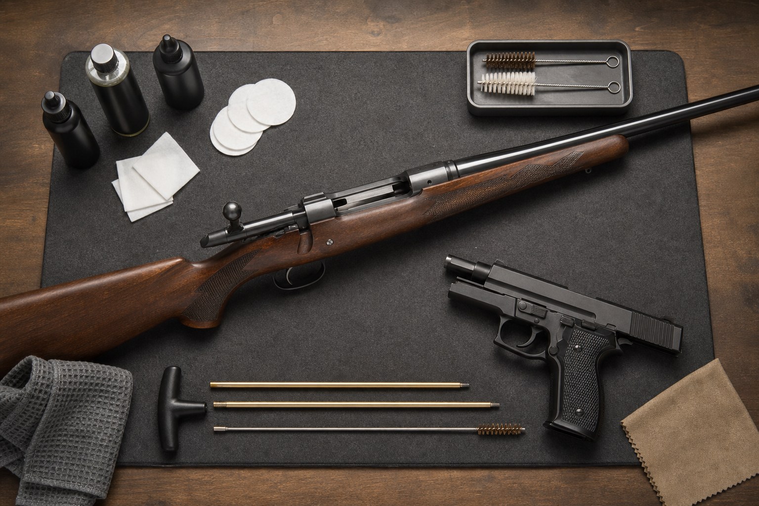 Unloaded firearms and cleaning tools arranged for routine care