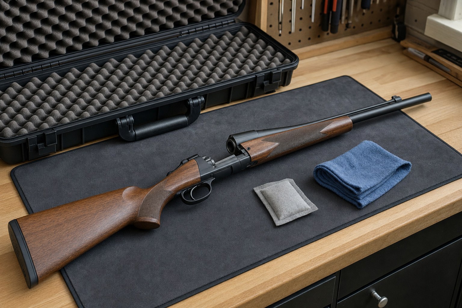 Safely unloaded long gun with open action beside a storage case