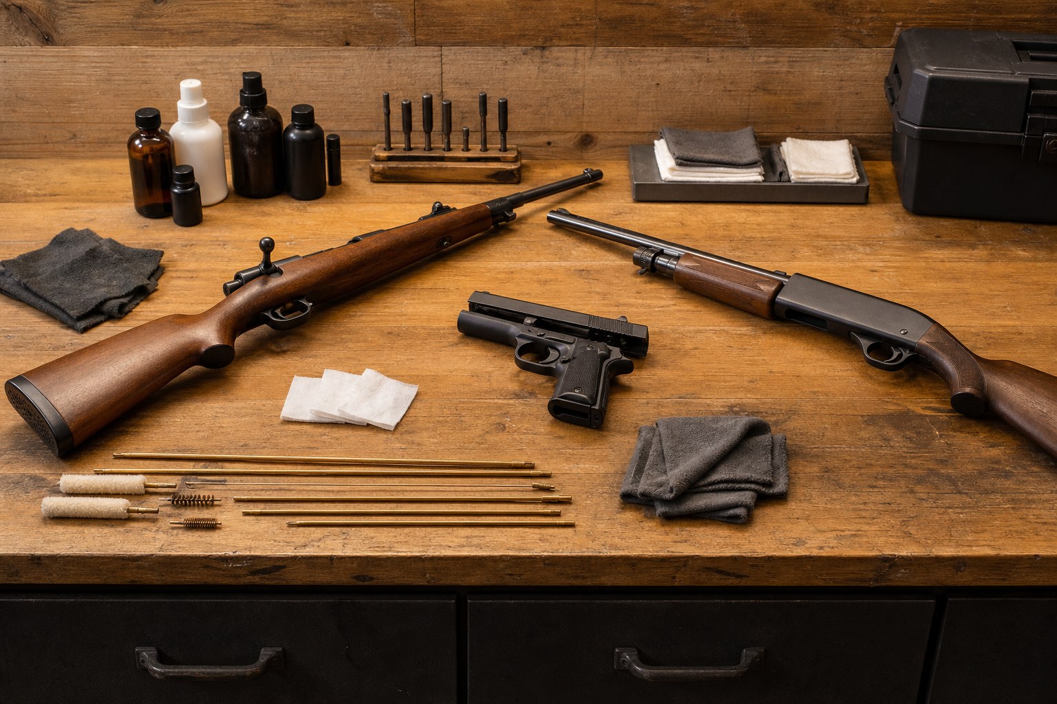 Firearm cleaning supplies arranged on a dark workbench