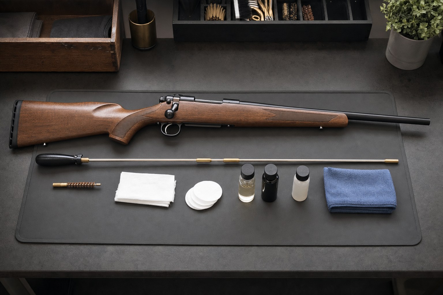 Rifle cleaning supplies arranged on a workbench