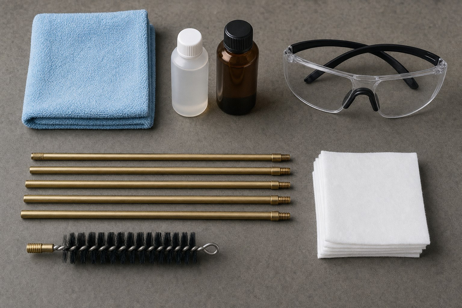 Organized cleaning rods, patches, cloths and protective eyewear
